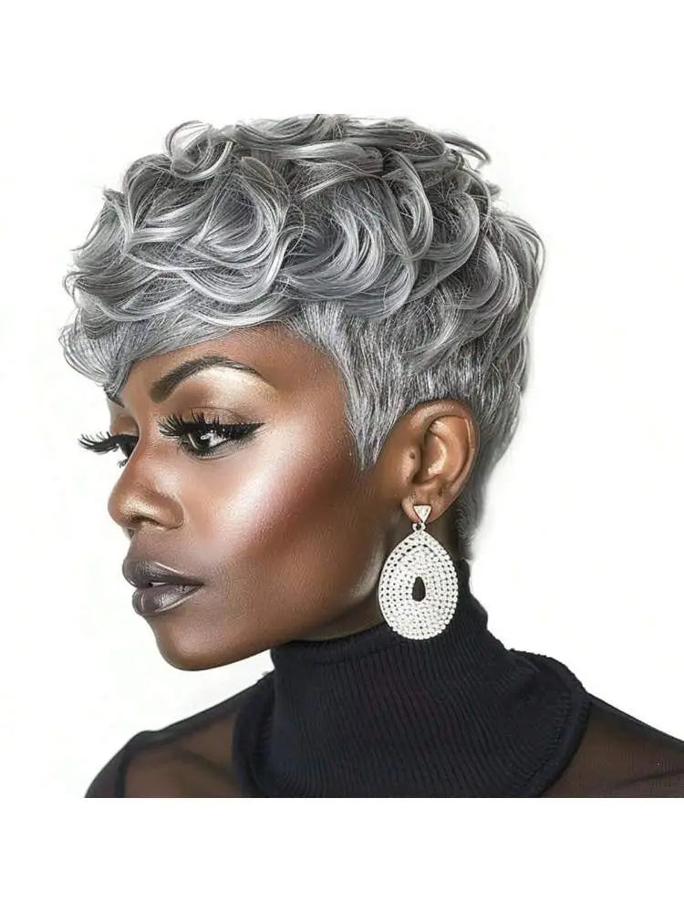 Short Pixie Cut Wig with Bangs for Black Women, Fluffy Curly Wig, Natural Wavy synthetic Wigs, Grey