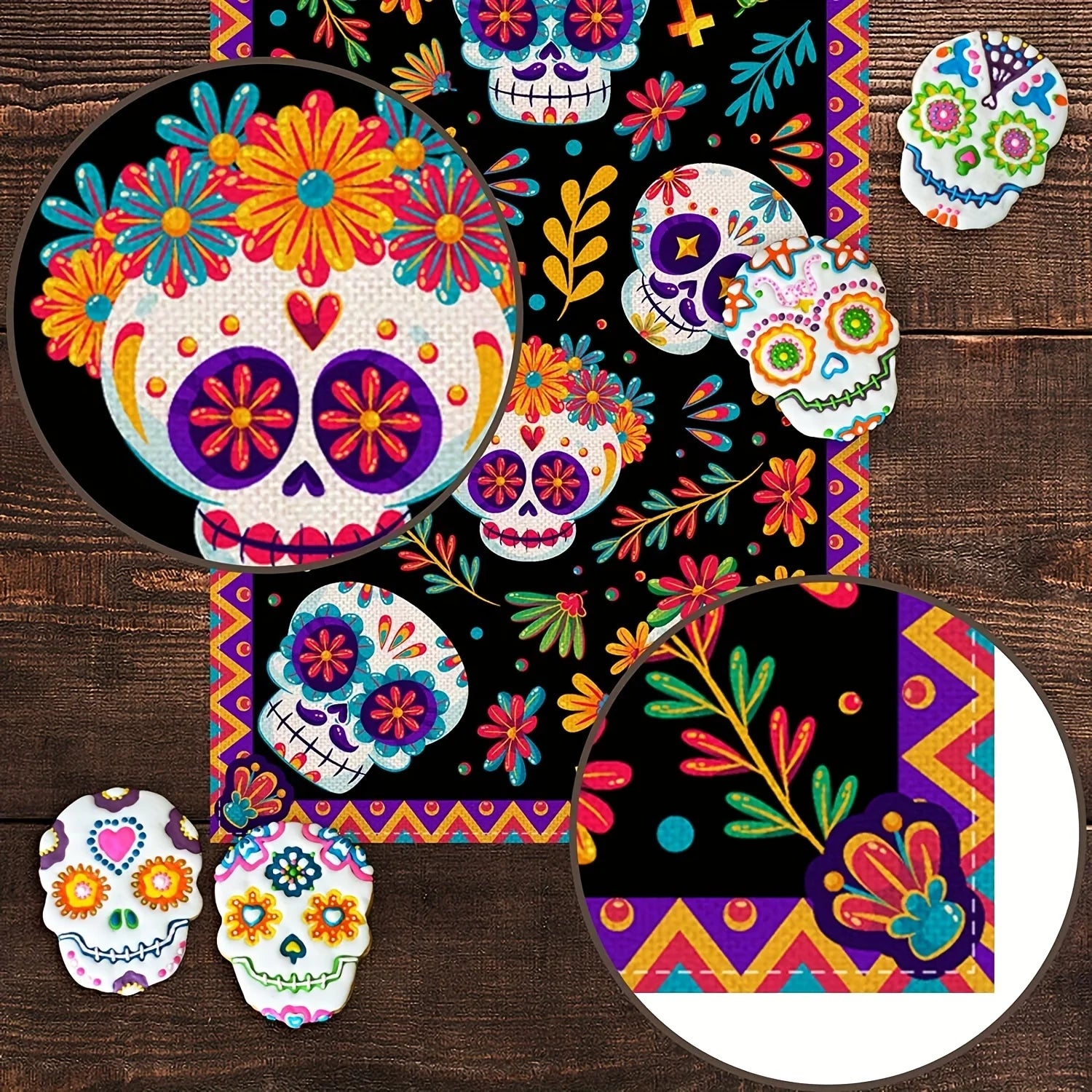 [1pc Mexican Table Runner] Vibrant Mexican Style 1pc Table Runner | Day of The Dead Design with Floral Patterns