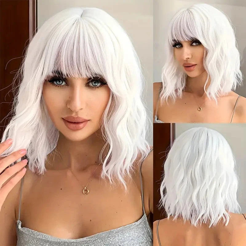 14Inch Pink Wig for Women Short Wavy Pastel Pink Wigs with Lace Shoulder Length Middle Part Curly Wavy  Wig