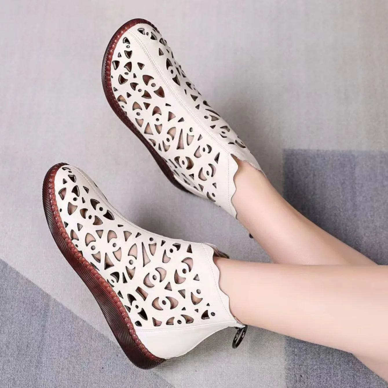 Women Boots New Spring Summer Leather Sandals Women Breathable Hole Boots Flat Soft Non-slip Comfortable Shoes for Women