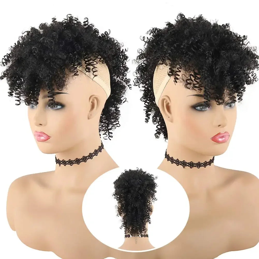 Queue de cheval synthétique Tereshar Afro High Puff avec frange courte queue de cheval bouclée crépue Chignon queue de cheval Mohawk avec frange pour les femmes noires