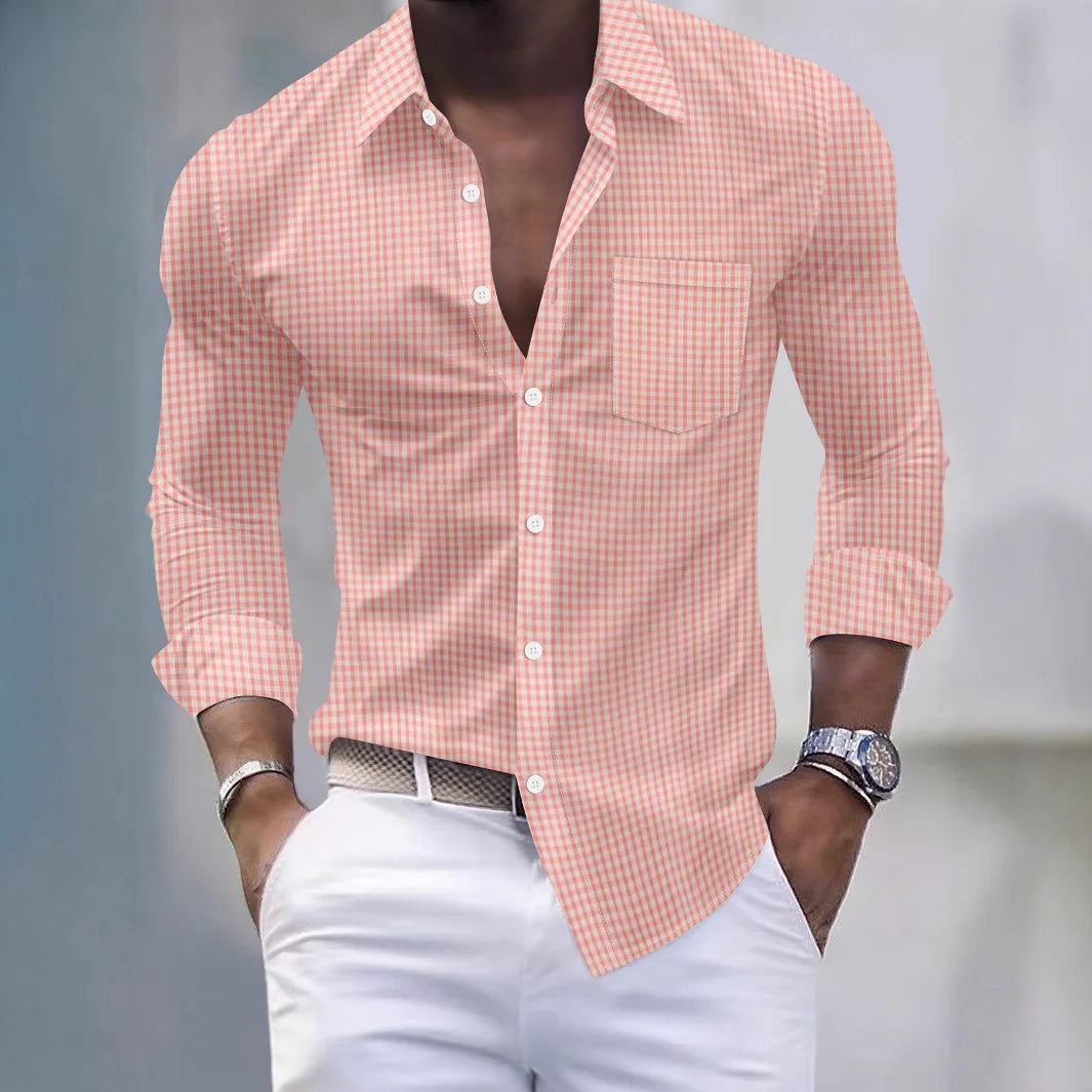 Men's Shirt - New Spring-Autumn Style Business Casual Solid Check Pockets Design Collar Buttoned Long-Sleeved Shirt