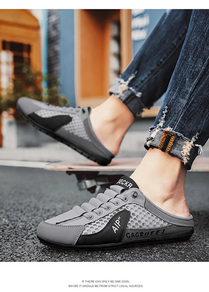Men's Half Slippers Fashion Outdoor Casual Shoes for Men Walking Flats Soft Sole Support Slipper Mesh Breathable Slip-On Loafers