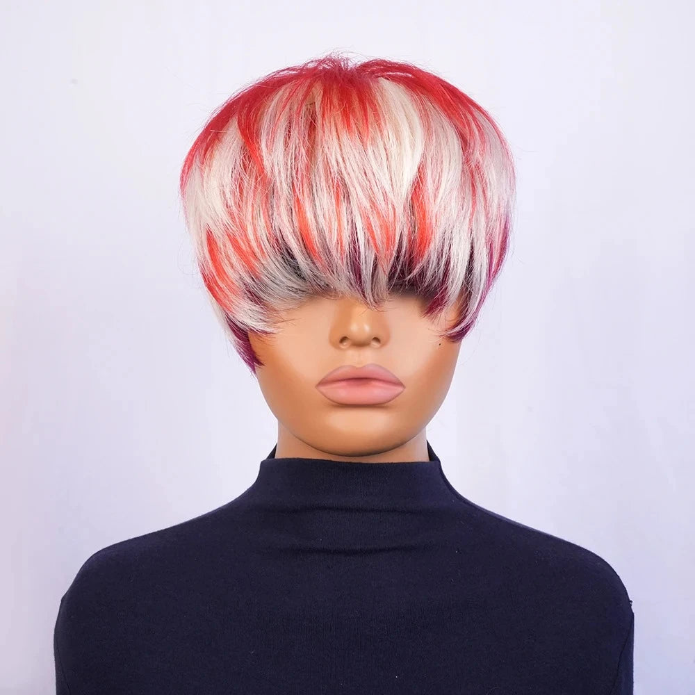  Peluca de cabello humano rubio y 99J corto Pixie, peluca lisa con gorra de red de rosa, hecha a máquina, de aspecto natural, peluca de pelo corto ﻿