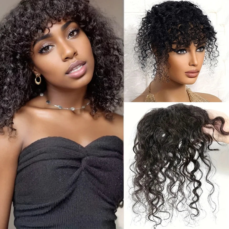 Topper Cheveux Humains Frisés Crépus Noirs Naturels Avec Frange Pour Femmes Aux Cheveux Fins Invisible Partie En T Extensions À Clipser
