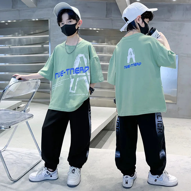 2025 summer Teenager Boys Clothes Casual Kids Tracksuit Child t shirt + Ankle-tied long pant 4 5 6 7 8 9 10 12 11 13 14 Year