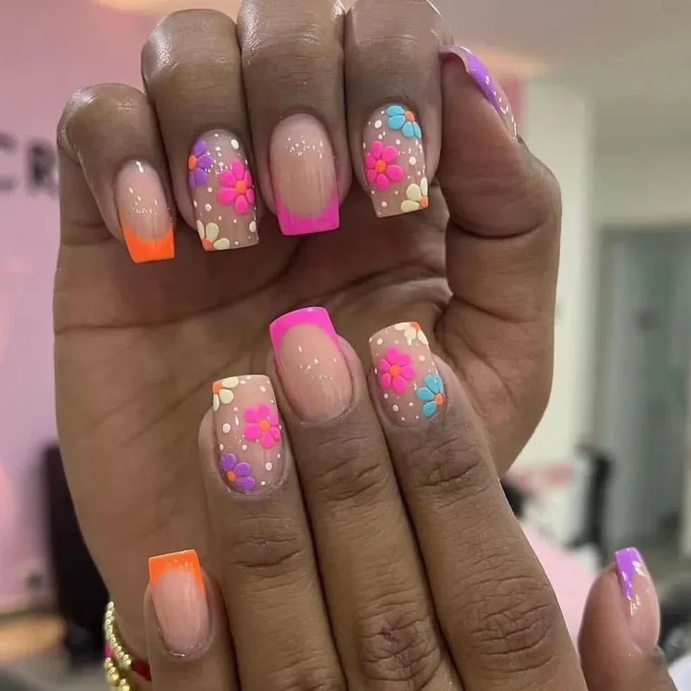 24pcs/box Glossy Short Square Fake Nails Colorful French Tip Press On Nails Flower Pattern Spring Summer False Nails For Women