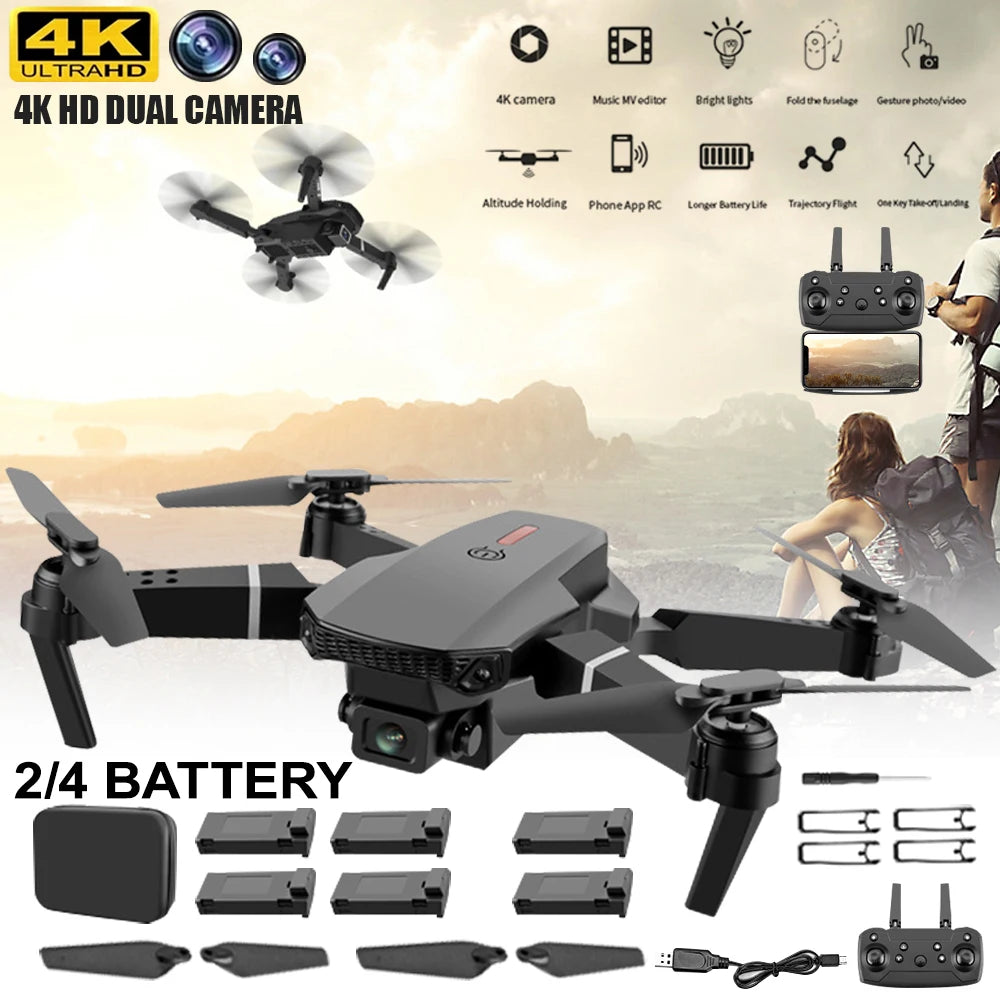 Hd 8k Drone E88 Pro Max Foldable Mini Rc Drone With Dual Camera Colorful Lights Screen Control Boys Gift 10 Min Flight Time