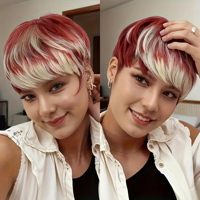  Short Pixie Cut Wig with Burgundy & Blonde Highlights (99j/613) Straight Hair Rose Net for Instant Volume Daily Wear Wig