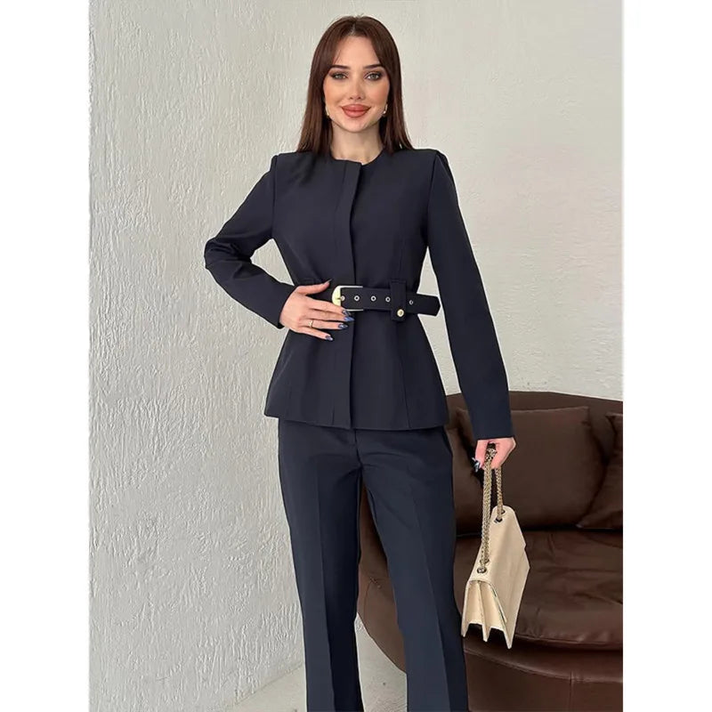 Elegant Women's Trouser Suits Long Sleeve O-Neck Top With Belt Solid Wide Leg Pants Female Suit 2025 Spring 2 Pieces Set Women