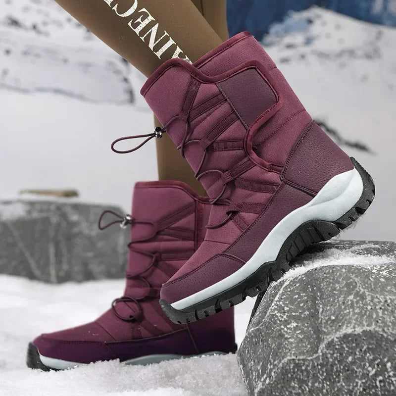 New Winter Women Boots Warm Plush Mid-Calf Women's Snow Boots Lace-up Outdoor Waterproof Hiking Boots Chaussures Femme Size 42