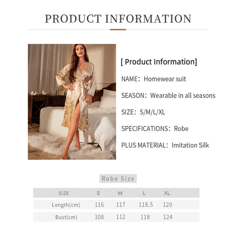 Fashion Home Printed Long Sleeved Nightgown for Women Luxury Thin Sexy Lace Up Morning Gown Cardigan Pajamas Ice Silk Bathrobe