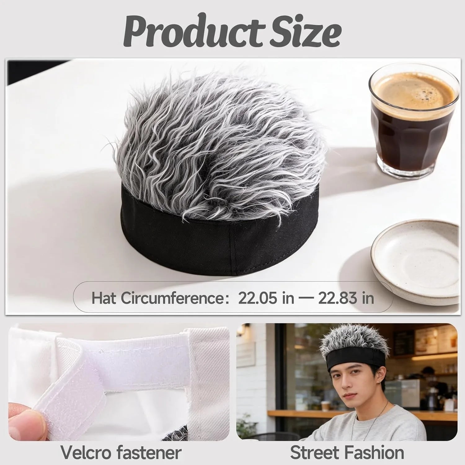 Gorro de punto unisex con pinchos y pelo falso para hombres y mujeres, gorro de peluca divertido integrado con pelo liso gris y de punta, gorro de diadema elástico estilo Hip Hop, divertido accesorio para la cabeza para fiesta, cosplay y uso diario