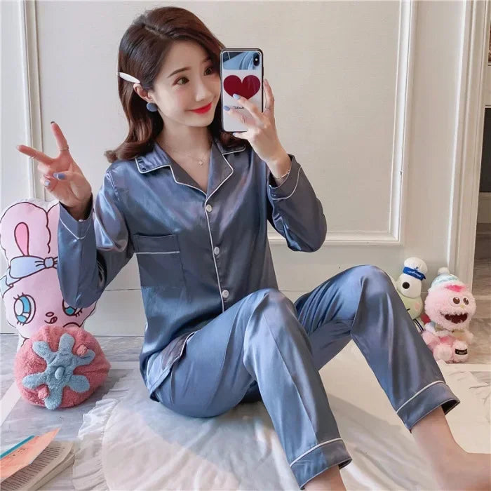 Conjunto de Pijama de Seda para Mujer de Primavera Otoño, Ropa de Dormir Casual Suave, Top y Pantalones, Cierre de Botones Sólidos, Ropa de Casa
