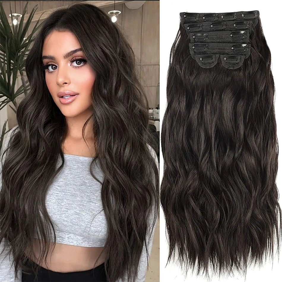 Extensions Long Synthetic Clip In Hair Wavy Clip In Hair Extensions 6Pcs/Set Piece Synthetic Ombre Blonde Brown Thick Hairpieces