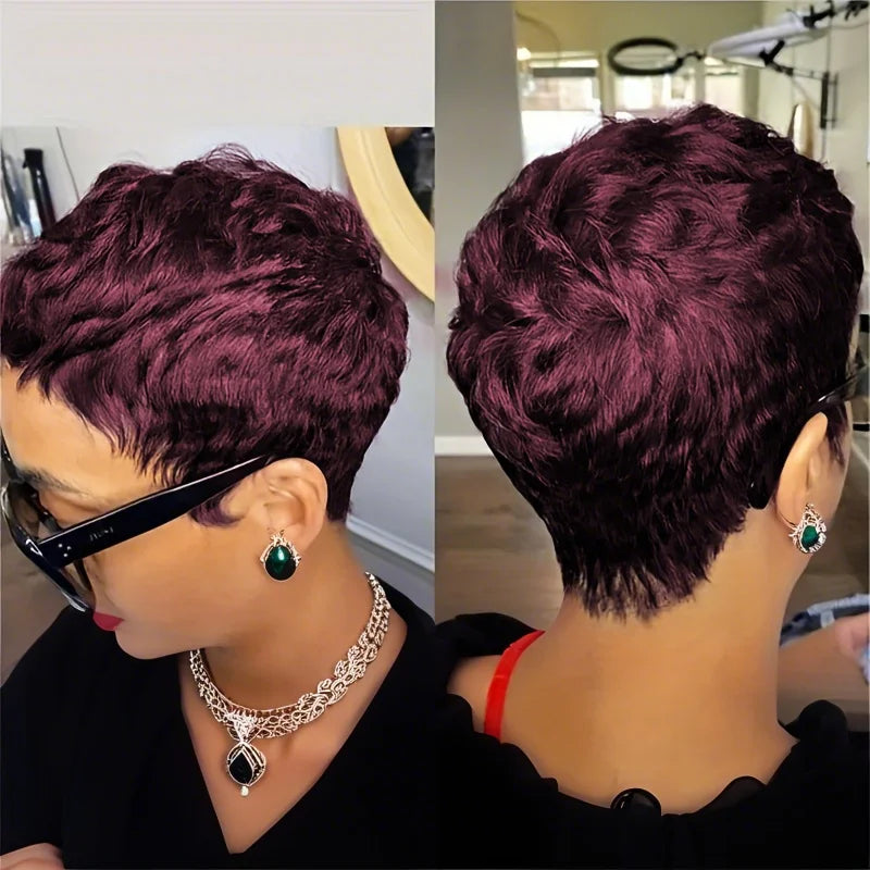 6inch Short Pixie Cut Straight Wig 100% Human Hair for Women Machine Made with Pre-Styled Bangs Tangle-Free Natural Hairline