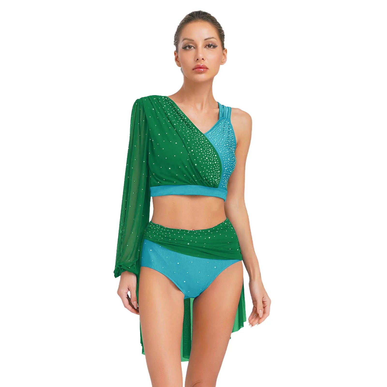 Modern Ballet Dance Set for Women Mesh Top with Skirted Briefs 2 Piece Lyrical Outfits Ballerina Girls Stage Performance Costume