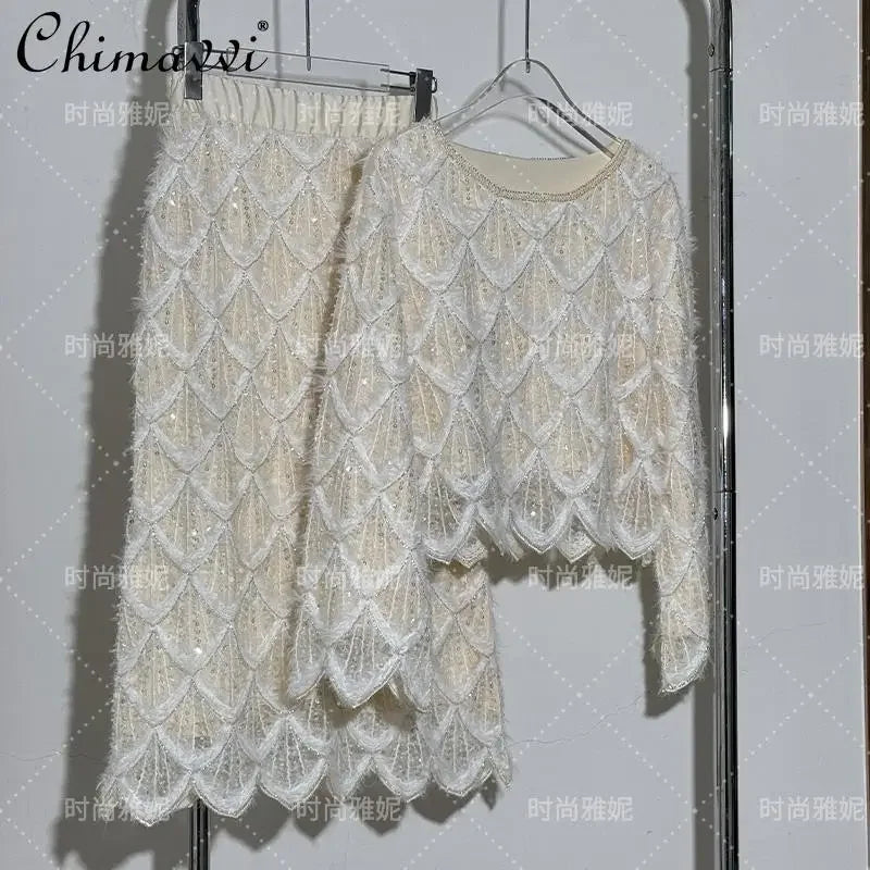 High-end Fashion Beaded Sequined Skirt Set 2025 Spring New Long-sleeved T-shirt Top High Waist Slim-fit Hip Skirt 2-piece Set