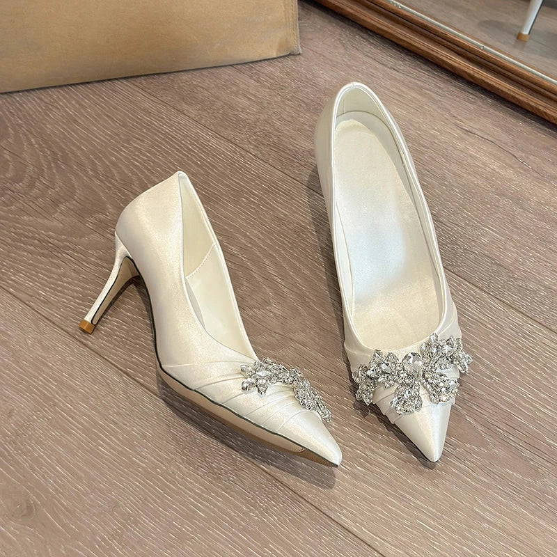 High Heels Pointed Toe Shoes Woman Lace-Up Navy Blue Pumps Sexy Sandals Slip on Shallow Mouth All-Match Footwear Spikes