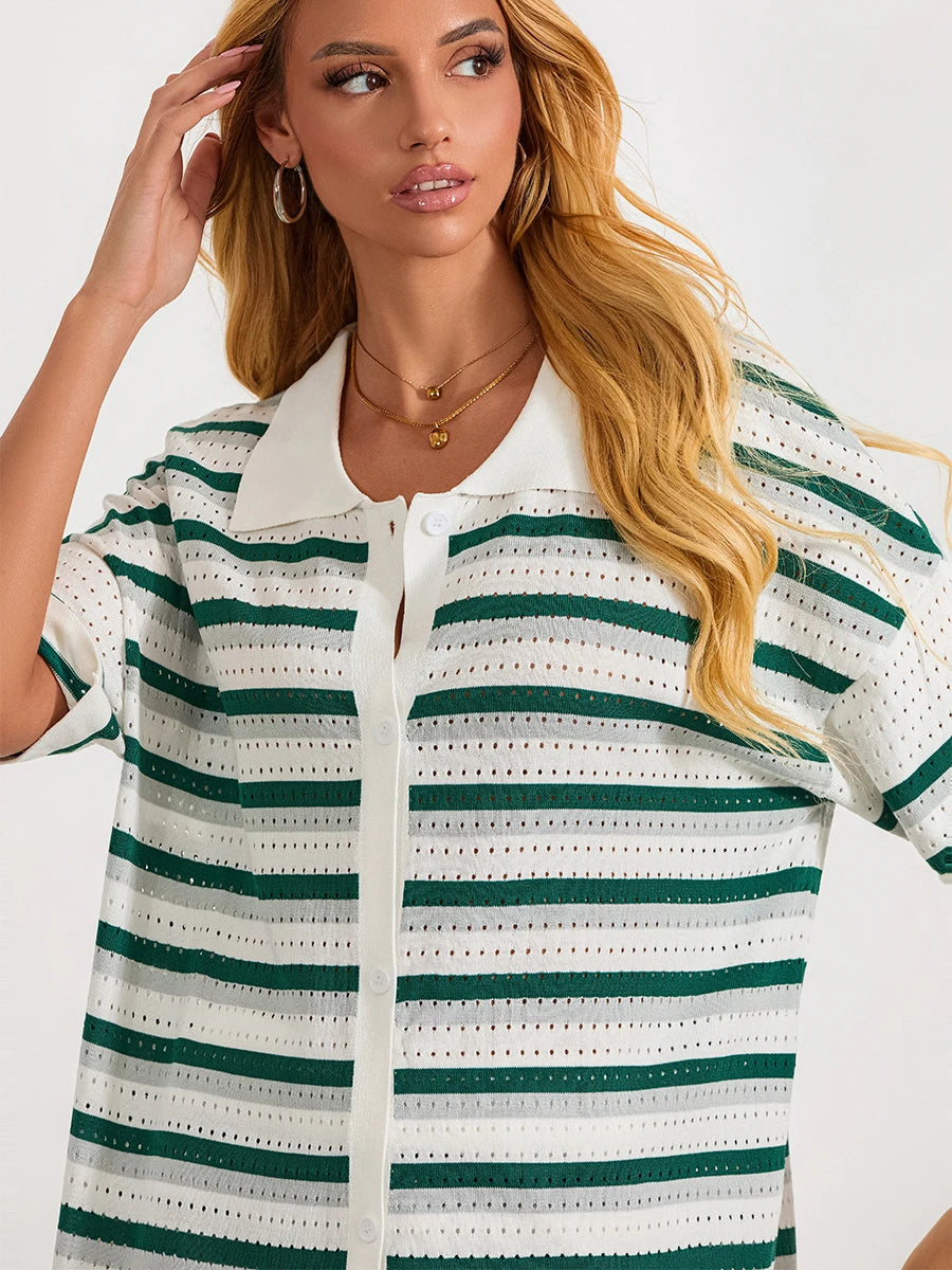 Conjunto de Pijama de Mujer de 2 Piezas Trajes de Salón Verano Rayas Contraste de Color Botón Tops de Punto de Ganchillo y Pantalones Cortos Conjuntos de Salón Playa