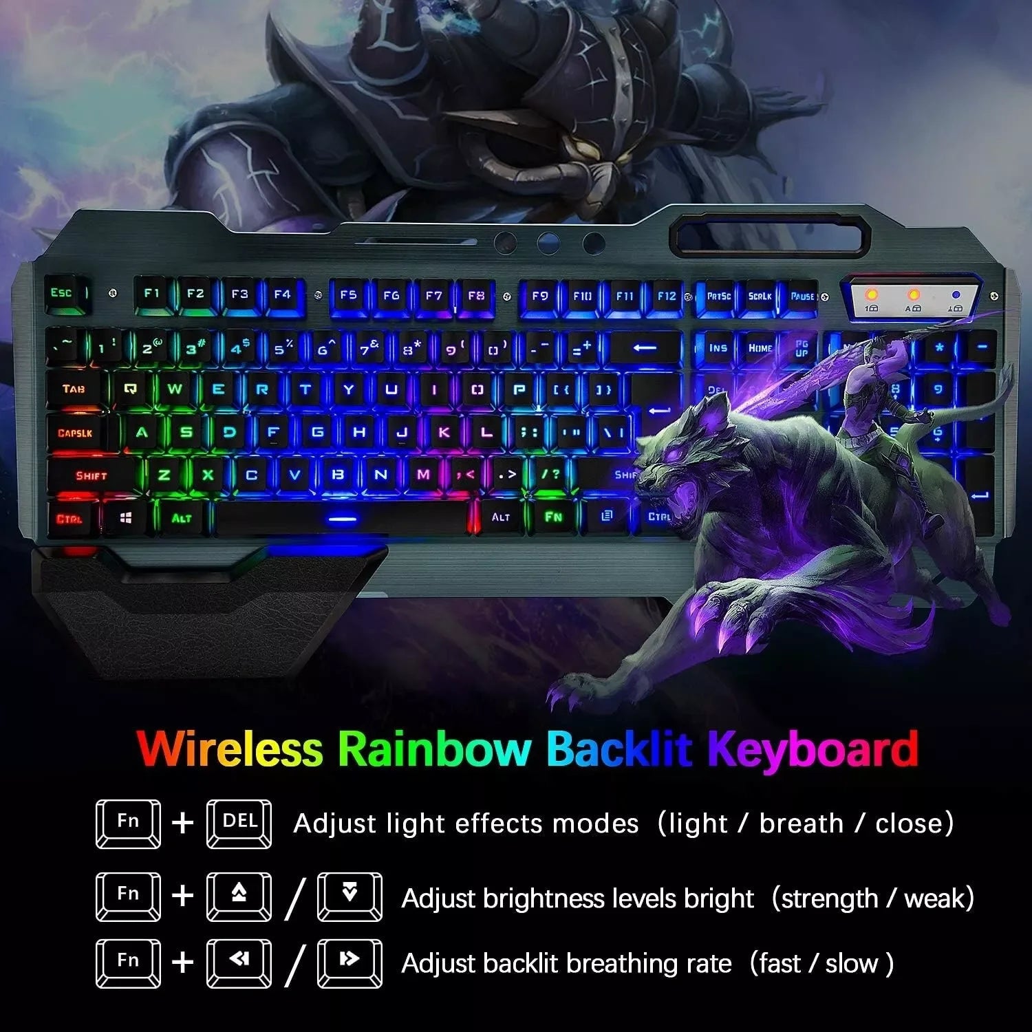 Teclado y ratón inalámbricos para juegos con retroiluminación arcoíris/RGB, teclado recargable y ratón para juegos de 7 colores silencioso con alfombrilla