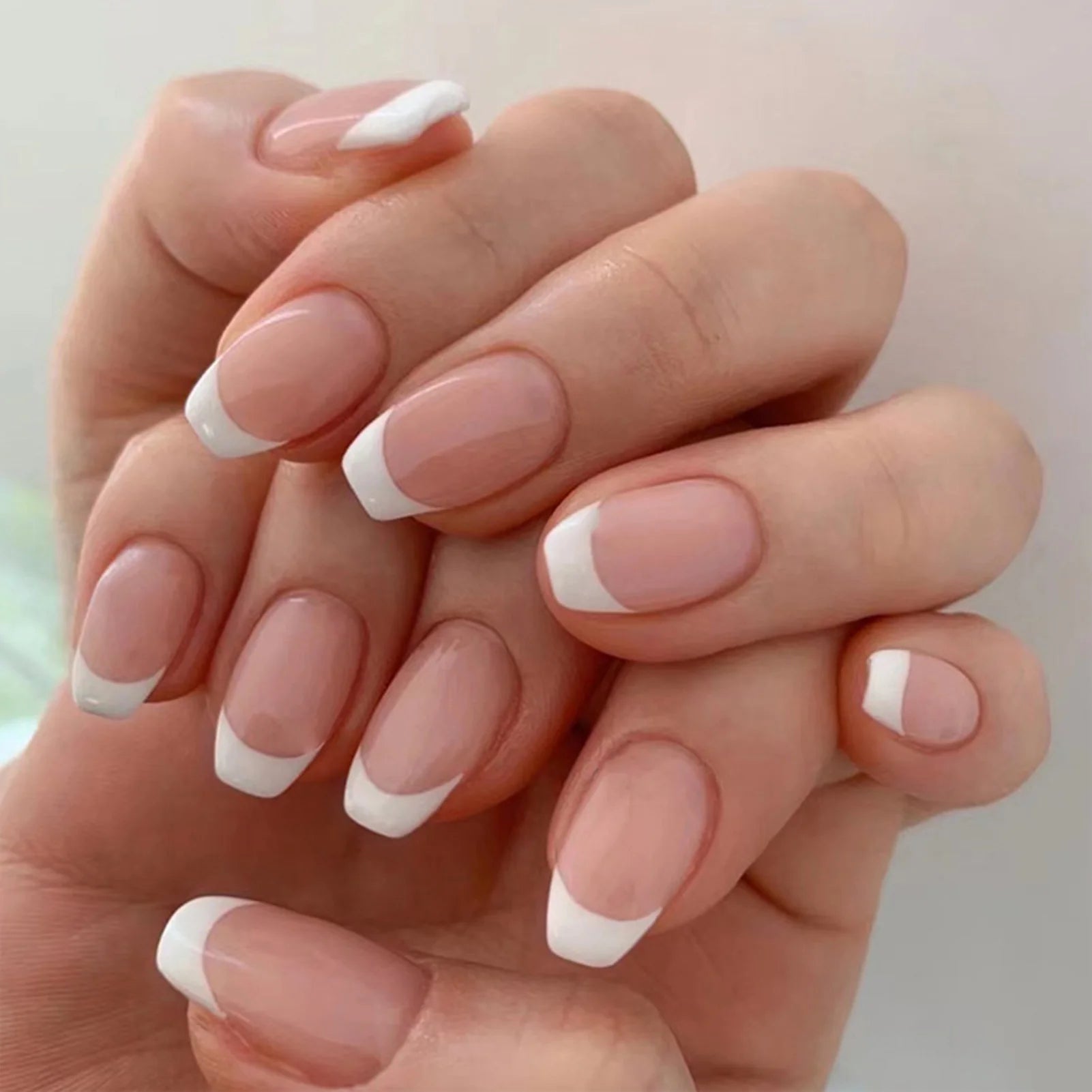 White French False Nails Nude Color Sweet Press on Nails Almond Full Cover Fake Nails Finished Fingernails Art for Bride Wedding