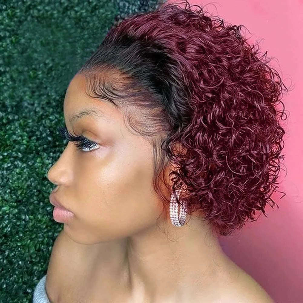 Ombre T1b/99J Short Pixie Cut Curly Human Hair Wigs 13X1 Transparent Hd Lace 1B Red Cheap Lace Wig Daily Use 100% Human Hair 150