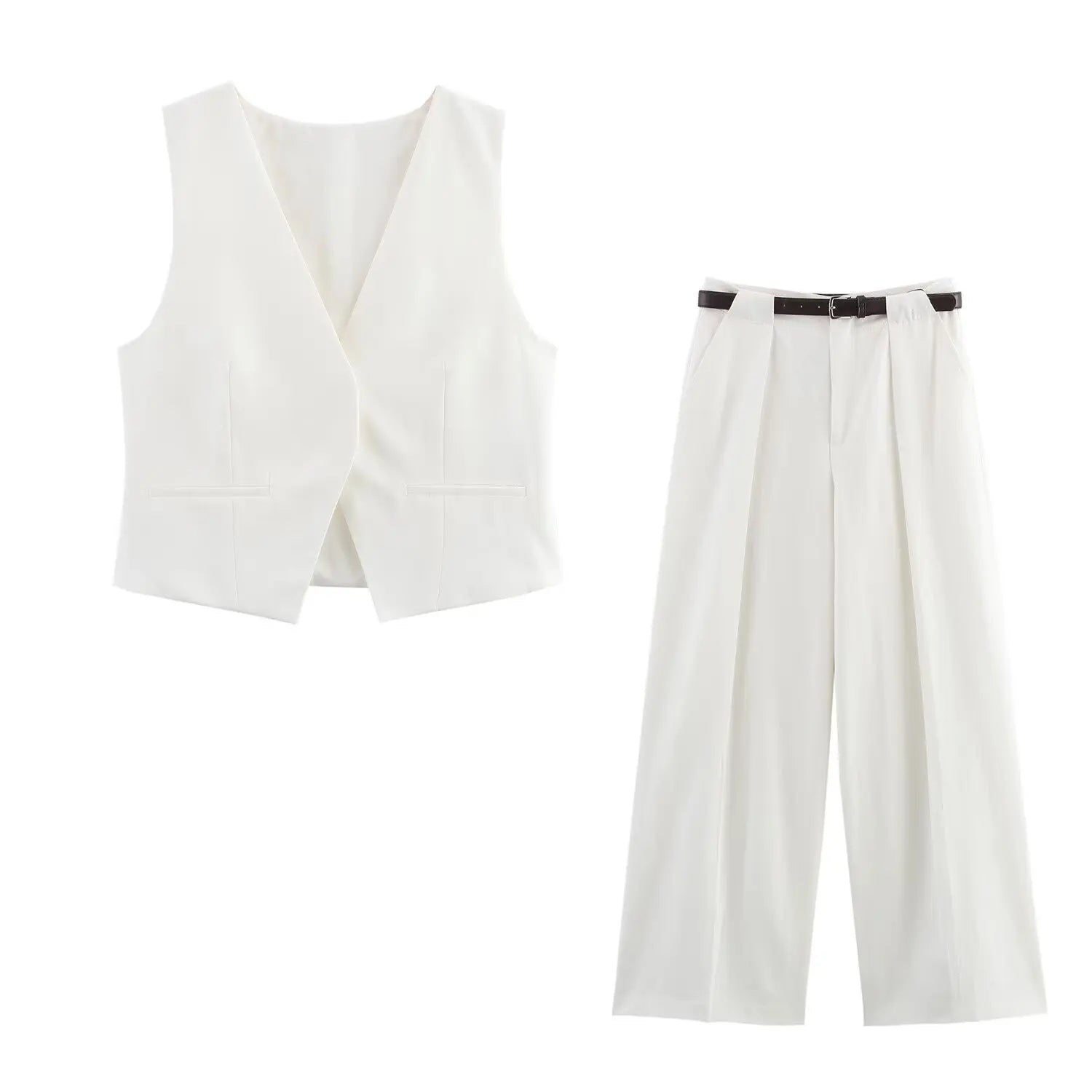 Women's Pants Set Pocket Tank Top with Belt and Fold Pants Solid Color Temperament Spring New Pants Set