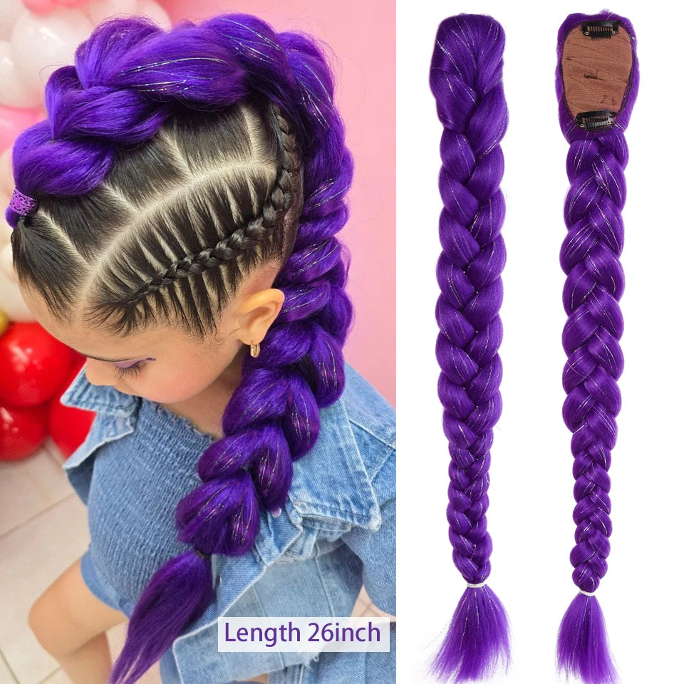 Synthetic Braided Purple Hair Ponytail Rumi Costume Hairstyle Long Ponytail with Rubber band and Clips for Kids Girls Christmas
