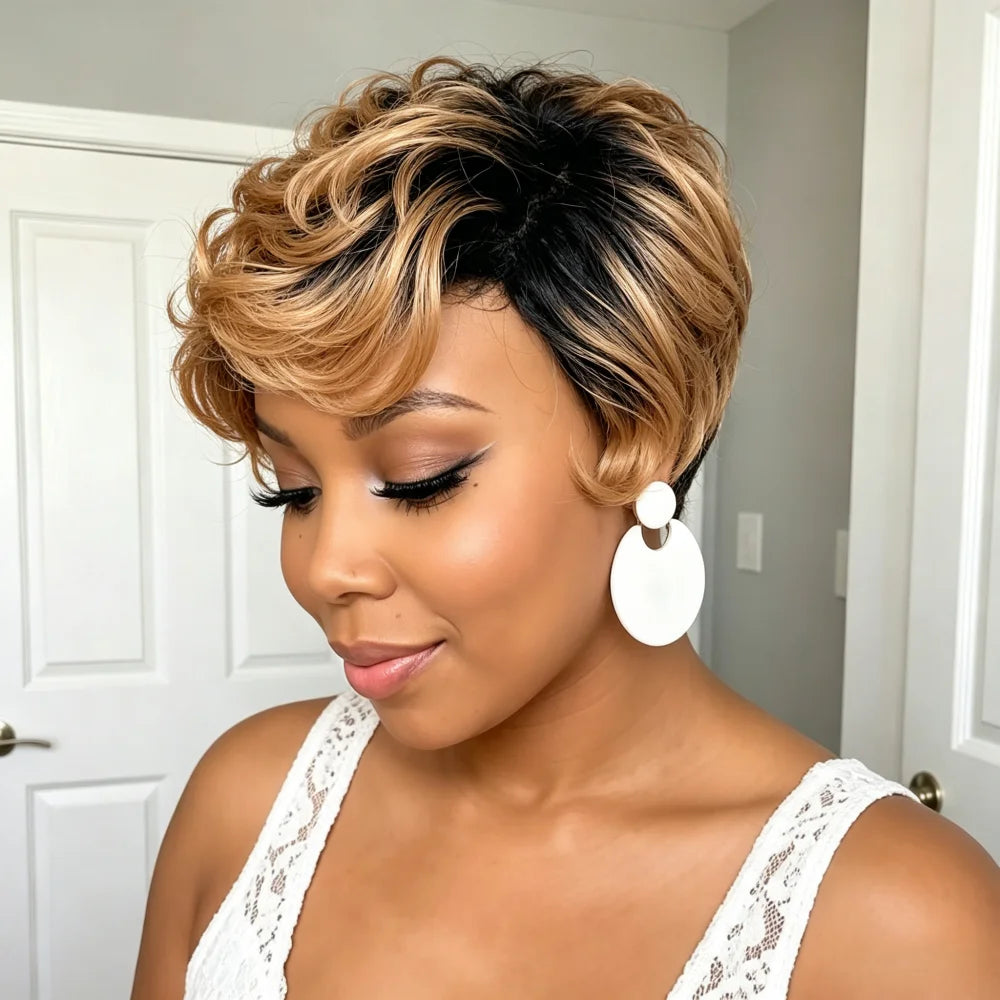 Ombre Honey Blonde Full Machine Made Human Hair Wig, Short Pixie Cut Human Hair Wigs, Fashion Short Hair Wig for Daily Summer