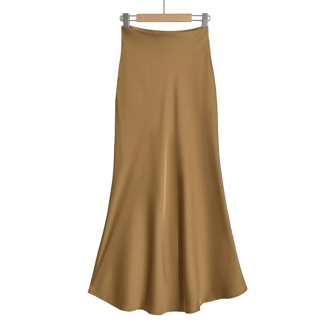 Elegant Satin Midi Slip Skirt with Side Zipper – Smooth & Flowing Fit for Versatile Styling