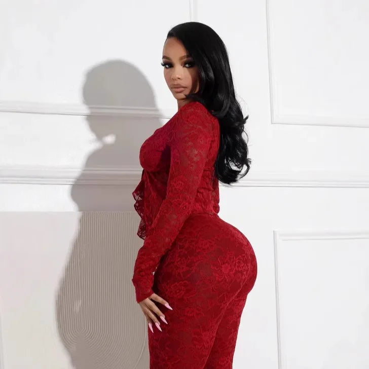 Pant Sets Women Two Pieces Cardigan Lace Sexy Tops Tracksuit Full Wide Leg Pants Loose Fit Casual Spliced High Waist Solid