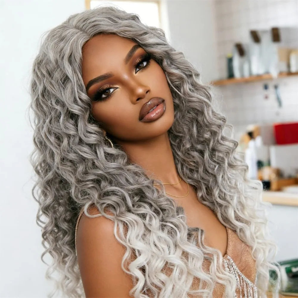 Gray Ombre White Lace Front Wig 13x4 HD Deep Wave Synthetic Wigs Perfect for Daily Wear Parties Special Occasions