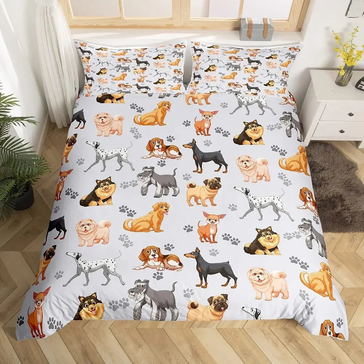 Juego de ropa de cama para niños con diseño de perro bonito, edredón de dibujos animados de perros para niños y niñas, funda de edredón de poliéster con diseño de animales de mascotas.