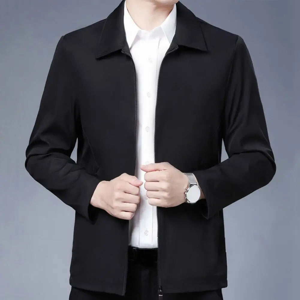 Men Jacket Elegant Mid-aged Men's Lapel Jacket with Zipper Closure Pockets for Formal Business Casual Wear in Spring Fall Solid