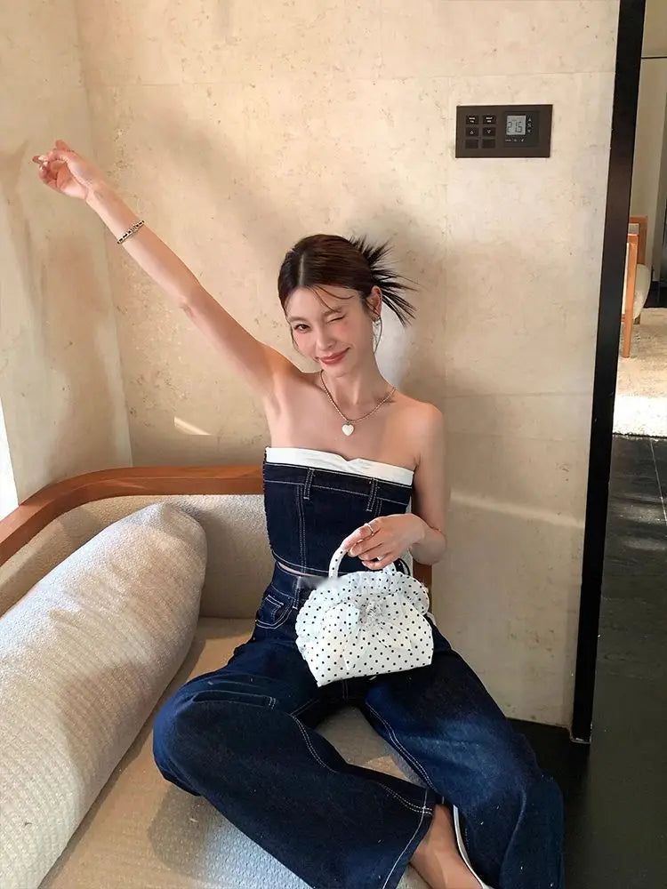 Pants Set Women's Summer Blue Contrasting Strapless Hot Girl Top High Waist Slimming Denim Pants Two-piece Set Female Clothes
