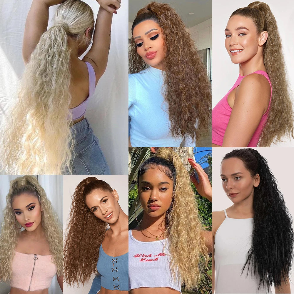 LISI GIRL Synthétique 22/34 Pouces Queue de Cheval enroulée Extensions de Cheveux Bouclés Afro Longs Postiches Queue de Cheval Faux Cheveux Résistant à la Chaleur