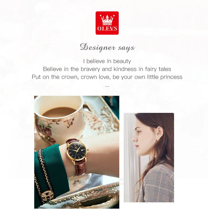 OLEVS 6898 Womens Watch Original Fashion Brand Quartz Wristwatch Waterproof Luminous Leather Strap  Dual Calendar Ldies Watch