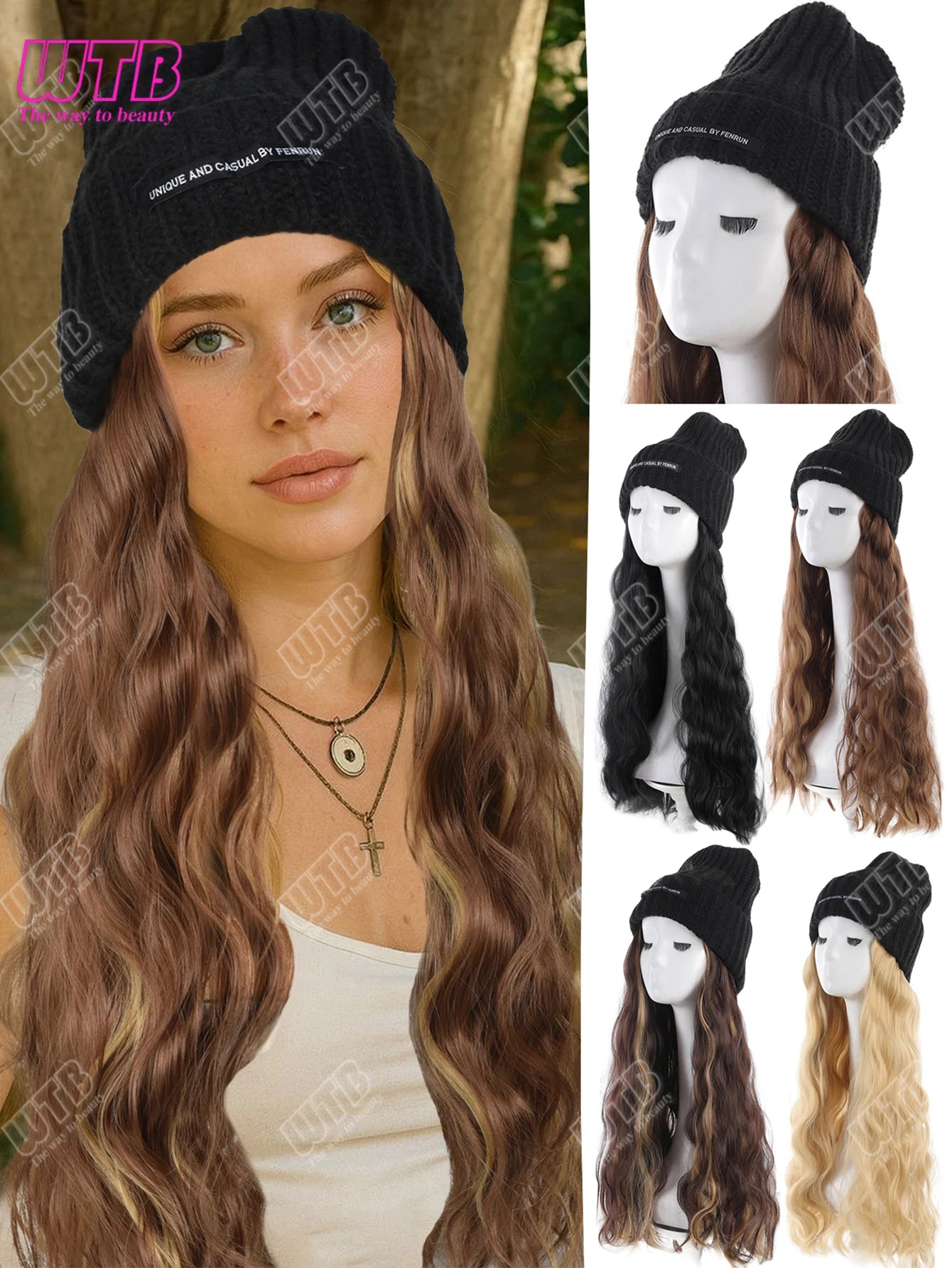 Synthetic Wig Black Hat With Long Curly Hair Extensions; Knitted Hat; Warm Ski Hat For Autumn And Winter