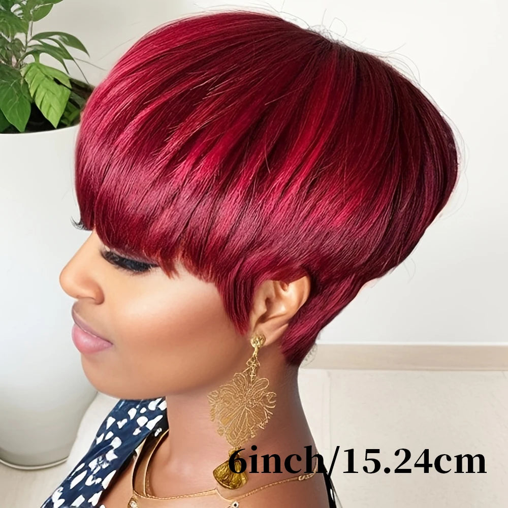 Ombre Orange Color Pixie Short Cut Bob Wig With Bangs Human Hair Wig Brazilian Natural Wig For Women Machine Made Wig