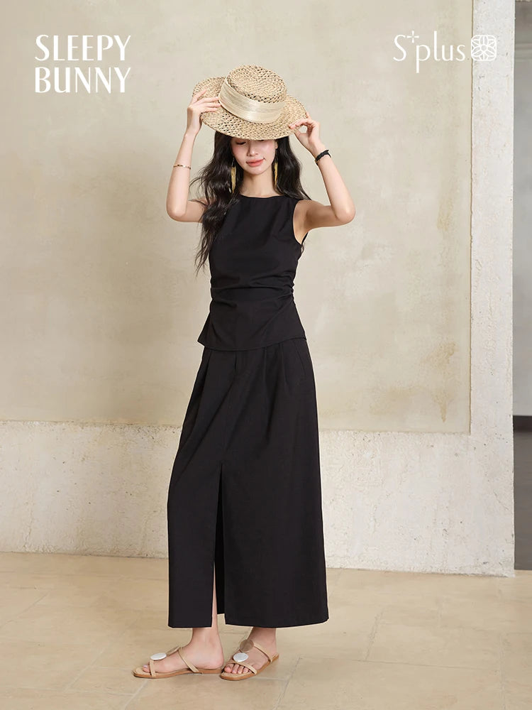 Black Sleeveless Top Skirt Set Women Petite Slim Fit Shirt Split Hem Straight Maxi Skirt Summer Two Piece  Elegant Matching Set