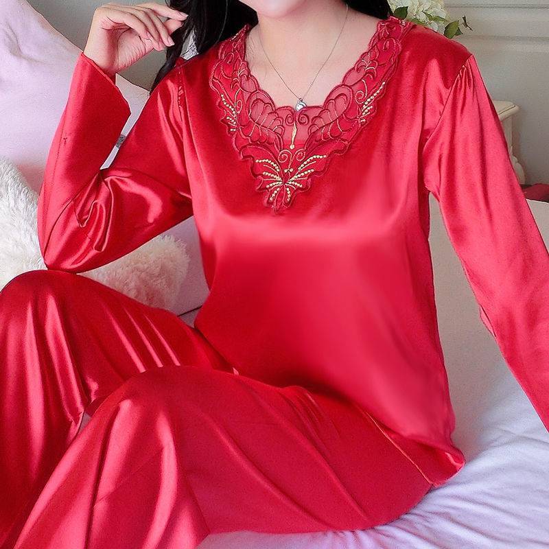 Women's Pajamas Set Summer Long Sleeve And Pants Pyjamas Two-piece Set Pajama Ice Silk Satin Sexy Sleepwear Home Suit Loungewear