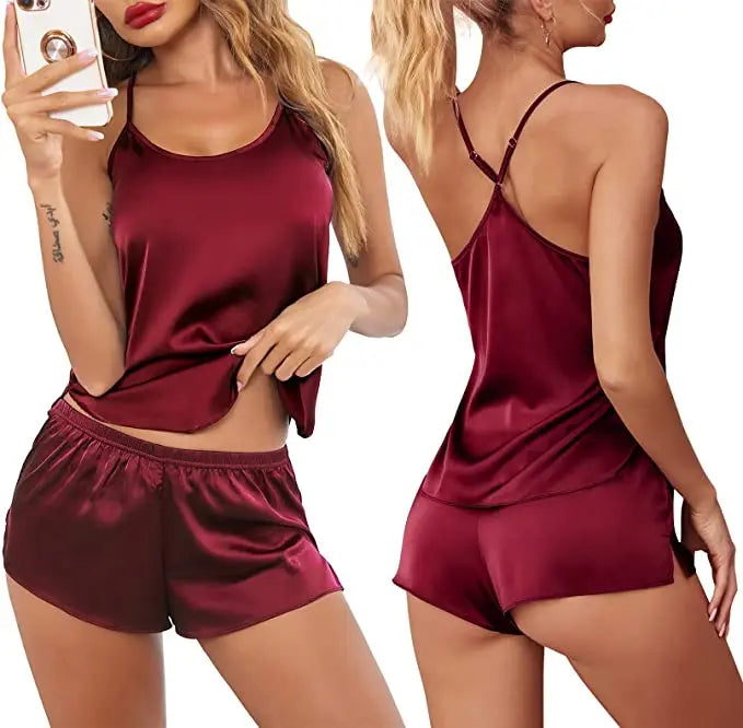 Conjuntos de pijama de satén y encaje sexy para mujer, ropa de dormir, tops sin mangas + pantalones cortos, conjuntos de 2 piezas de pijama para mujer