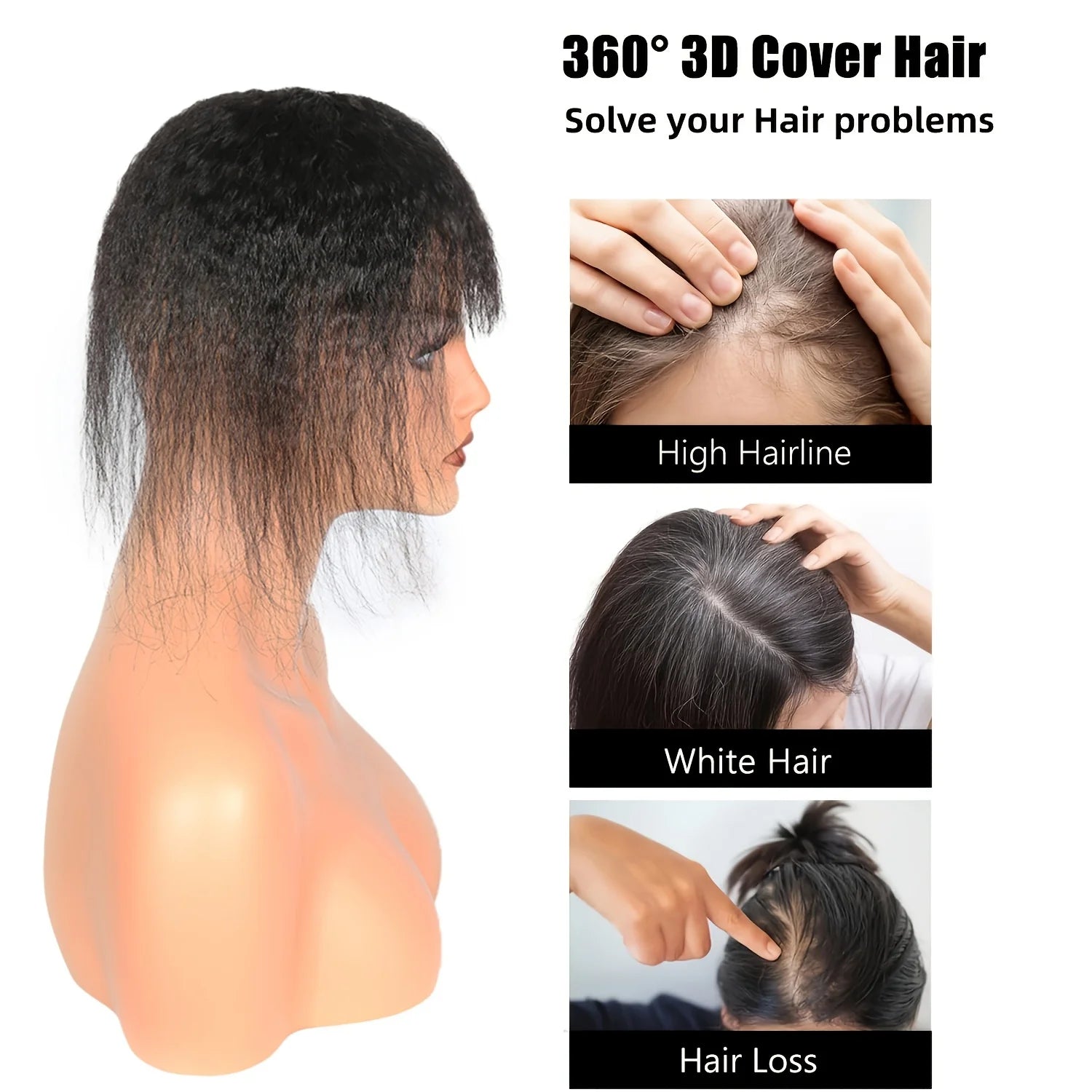 Postiche Kinky Straight Topper avec frange, clips invisibles, extensions de toupet pour femmes, conception d'intranet en forme de T