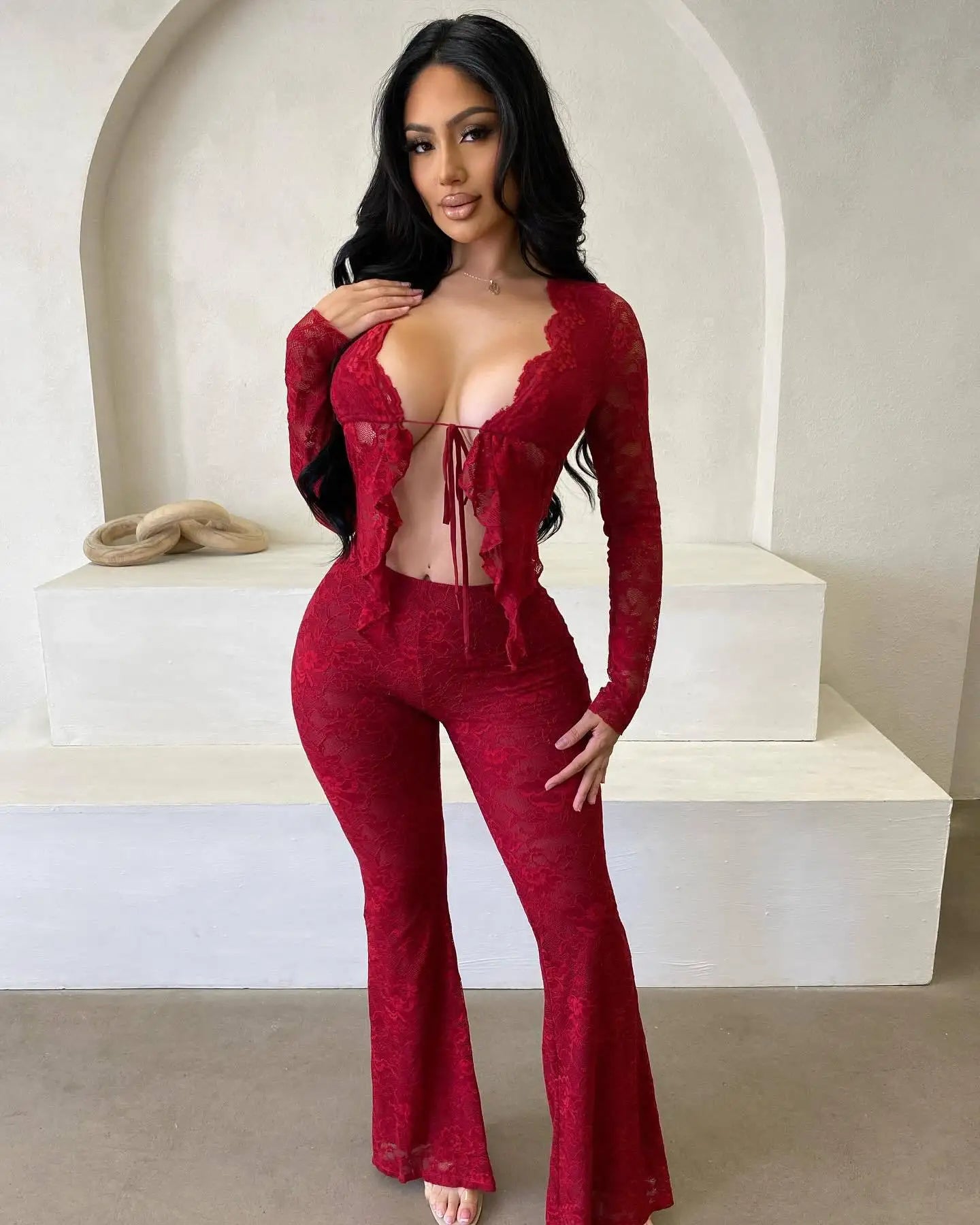 Pant Sets Women Two Pieces Cardigan Lace Sexy Tops Tracksuit Full Wide Leg Pants Loose Fit Casual Spliced High Waist Solid
