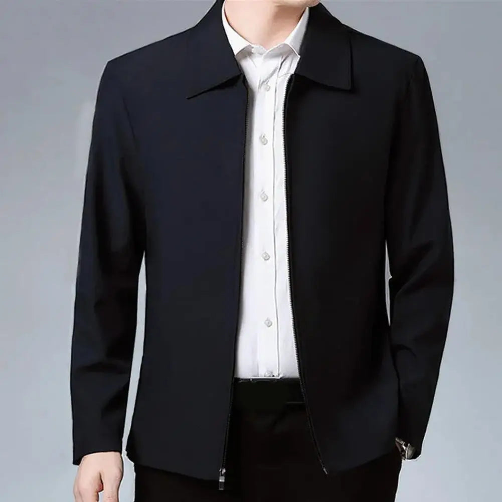 Men Jacket Elegant Mid-aged Men's Lapel Jacket with Zipper Closure Pockets for Formal Business Casual Wear in Spring Fall Solid