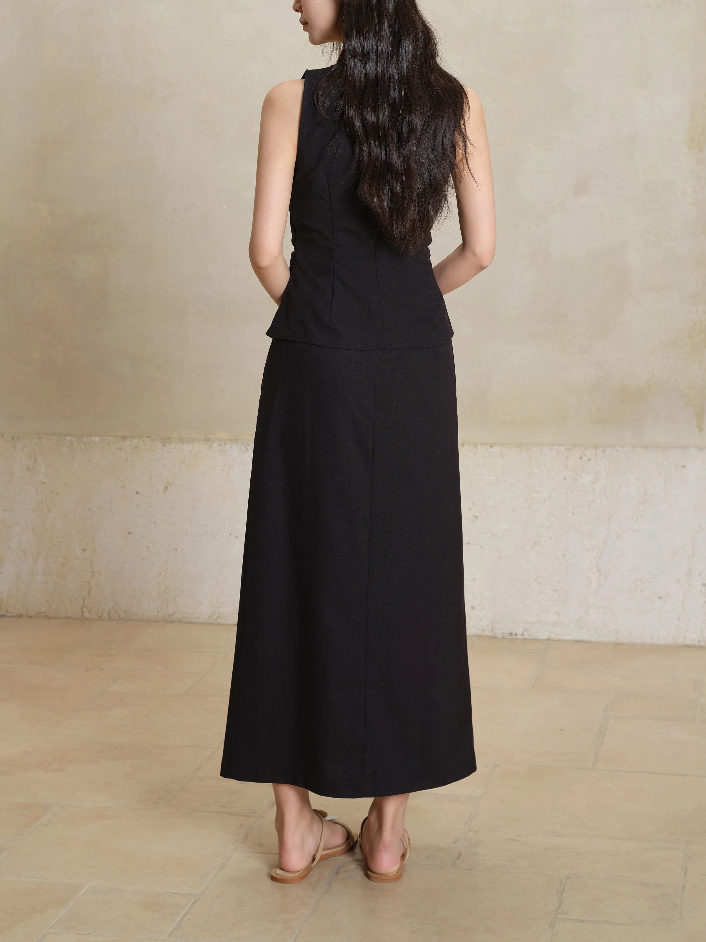 Black Sleeveless Top Skirt Set Women Petite Slim Fit Shirt Split Hem Straight Maxi Skirt Summer Two Piece  Elegant Matching Set