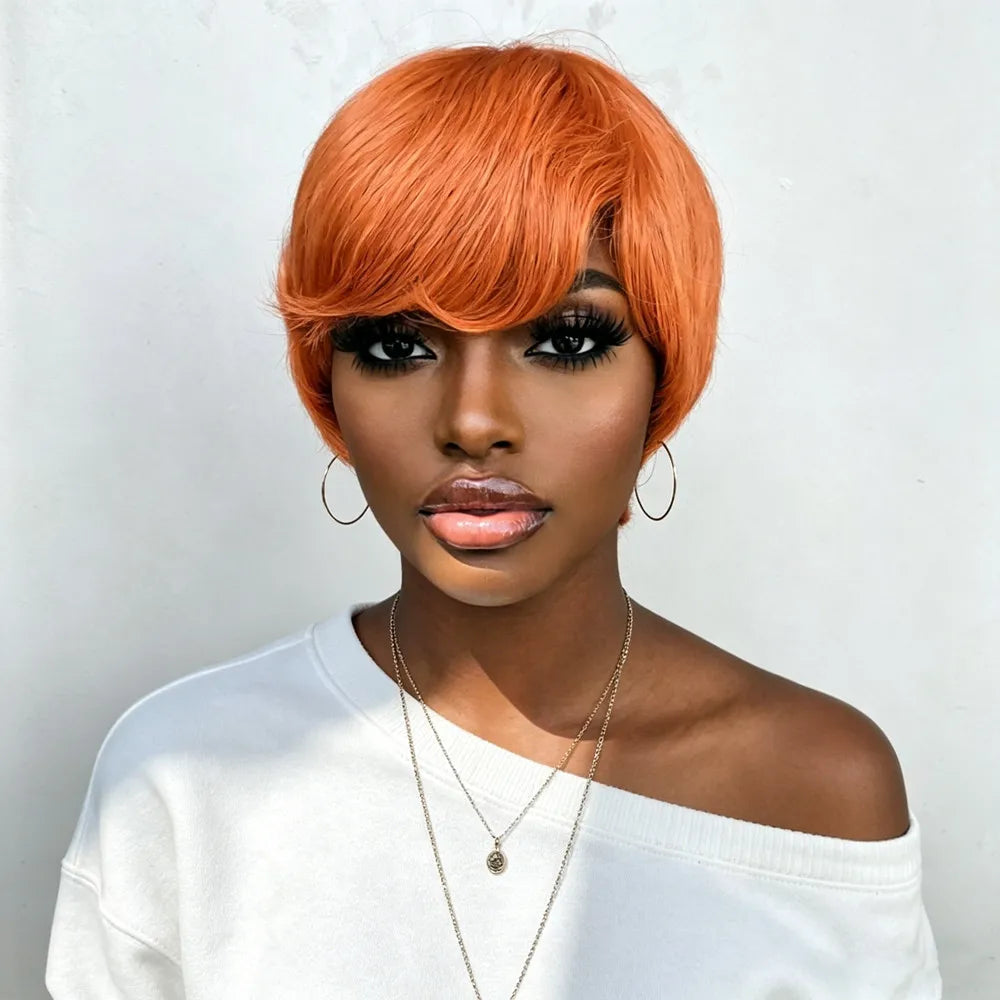 orange color pixie wig short machine made 6Inch 150% Density Women'S Chic Retro short straight Pixie Cut human human hair Wig