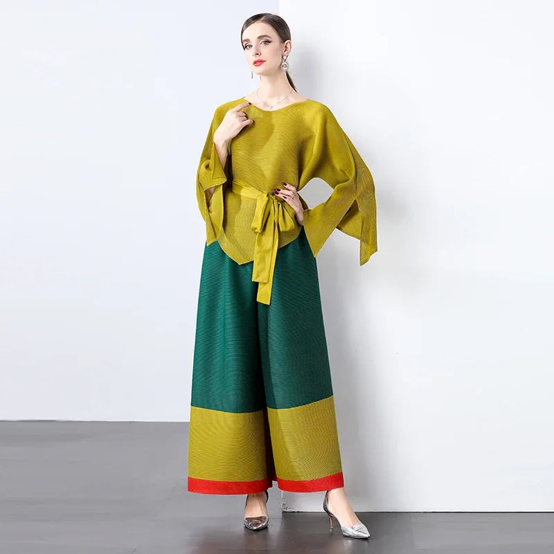 Women's Fashion Two-Piece Set for Spring Loose Irregular Pleated Patchwork Belted Top with Wide-Leg Pants Miyake 2024