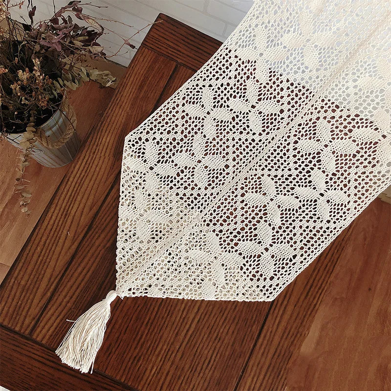 Camino de mesa beige, navideño, de encaje de ganchillo, tela de mezcla de algodón con borlas para la decoración de la mesa de centro y bodas.